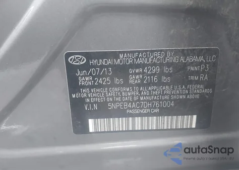 2013 Hyundai Sonata Gls z USA, uszkodzony, nr VIN 5NPEB4AC7DH761004